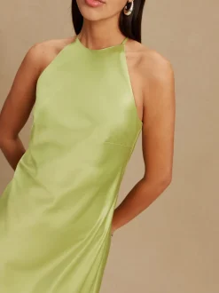 Green Bridesmaids Satin Halterneck Maxi Dress