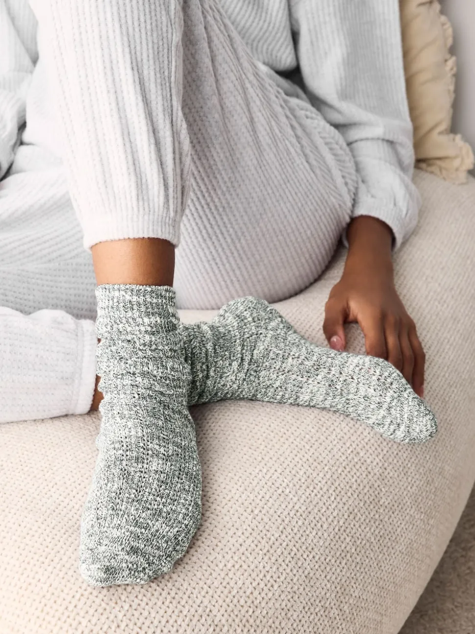 Green Cotton Slub Slouchy Ankle Socks 3 Pack