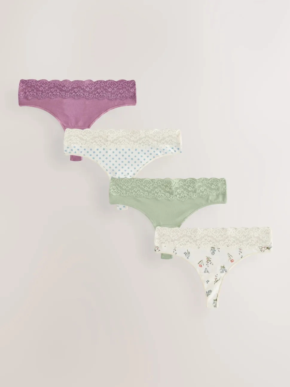Green Ditsy Floral Thong Cotton Lace Knickers 4 Pack