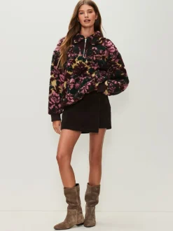 Green Floral Jacquard Teddy Borg Quarter Zip Fleece Sweatshirt