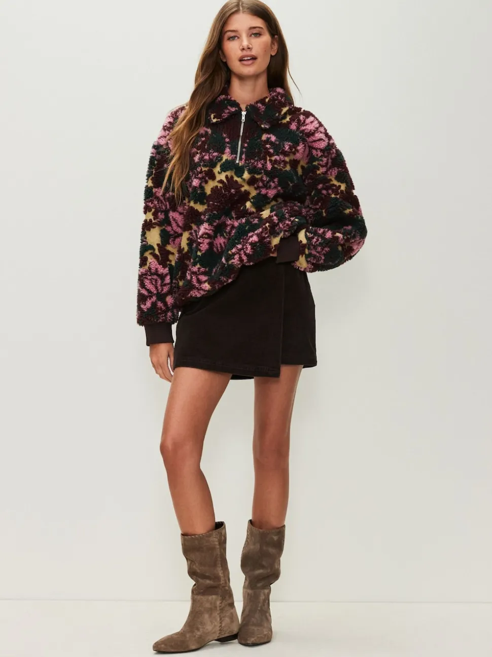 Green Floral Jacquard Teddy Borg Quarter Zip Fleece Sweatshirt