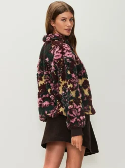 Green Floral Jacquard Teddy Borg Quarter Zip Fleece Sweatshirt