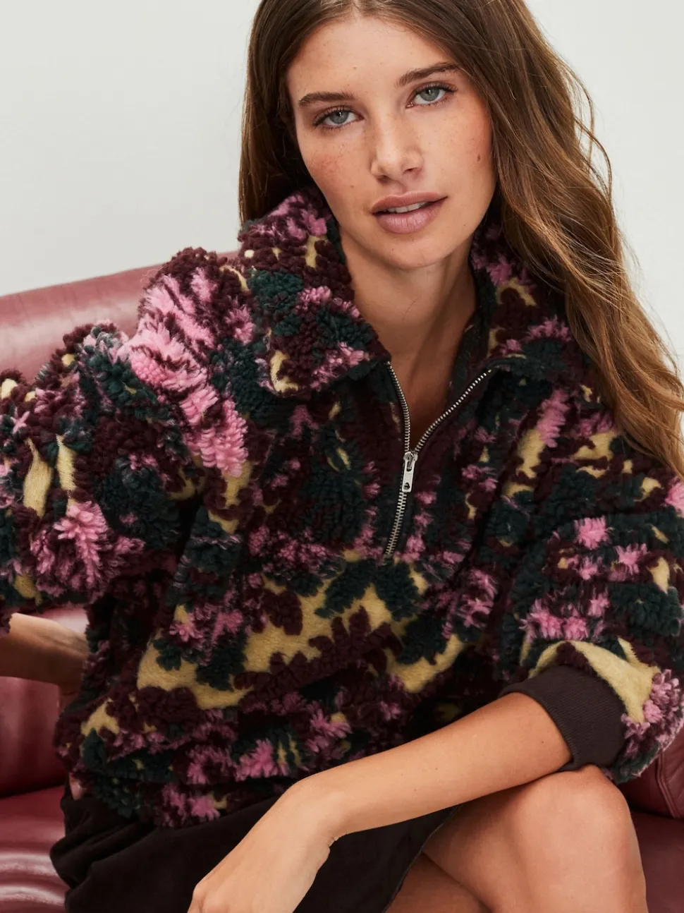 Green Floral Jacquard Teddy Borg Quarter Zip Fleece Sweatshirt