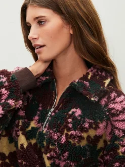 Green Floral Jacquard Teddy Borg Quarter Zip Fleece Sweatshirt