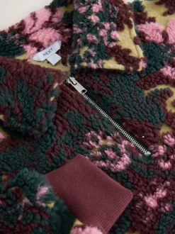 Green Floral Jacquard Teddy Borg Quarter Zip Fleece Sweatshirt