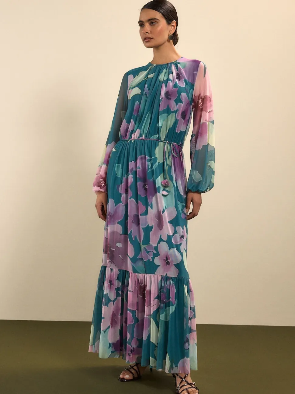 Green Floral Long Sleeve Mesh Maxi Dress