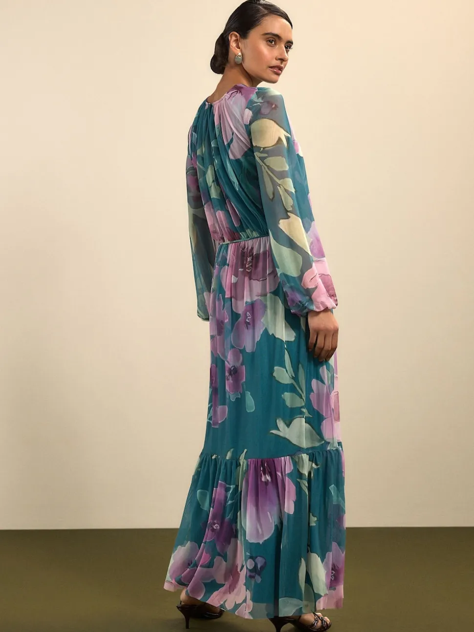 Green Floral Long Sleeve Mesh Maxi Dress