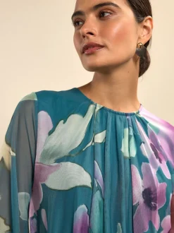Green Floral Long Sleeve Mesh Maxi Dress