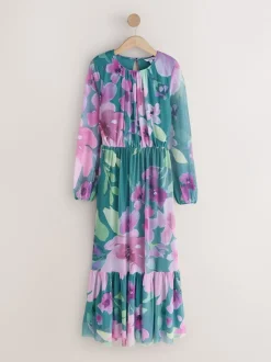Green Floral Long Sleeve Mesh Maxi Dress