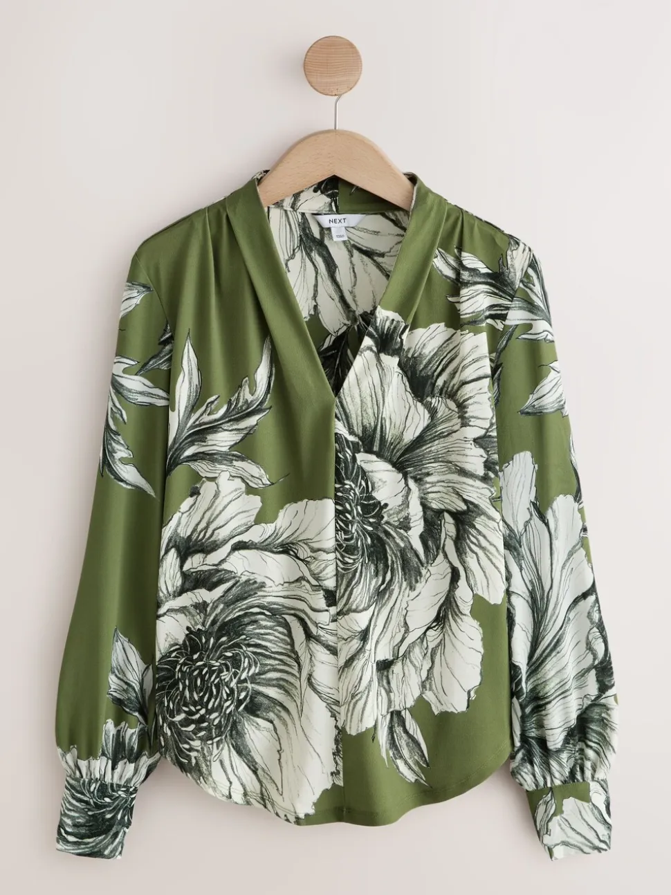 Green Floral Long Sleeve V-Neck Blouse