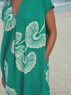Green Floral Mini Short Sleeve V-Neck Kaftan Dress with Linen
