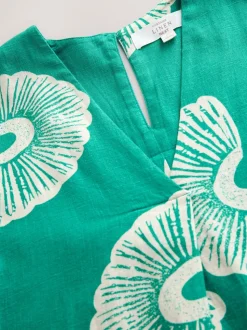 Green Floral Mini Short Sleeve V-Neck Kaftan Dress with Linen