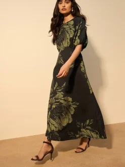 Green Floral Print Puff Sleeve Midi Dress