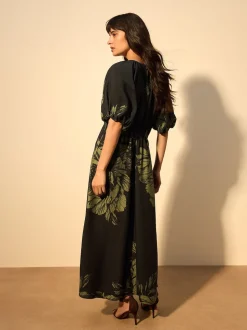 Green Floral Print Puff Sleeve Midi Dress