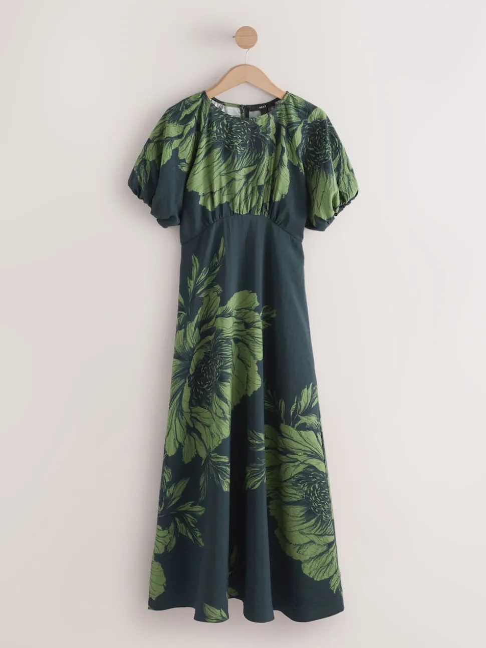 Green Floral Print Puff Sleeve Midi Dress
