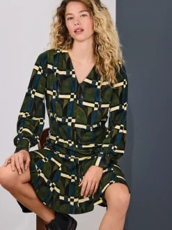 Green Geo Print Long Sleeve A-Line Mini Dress