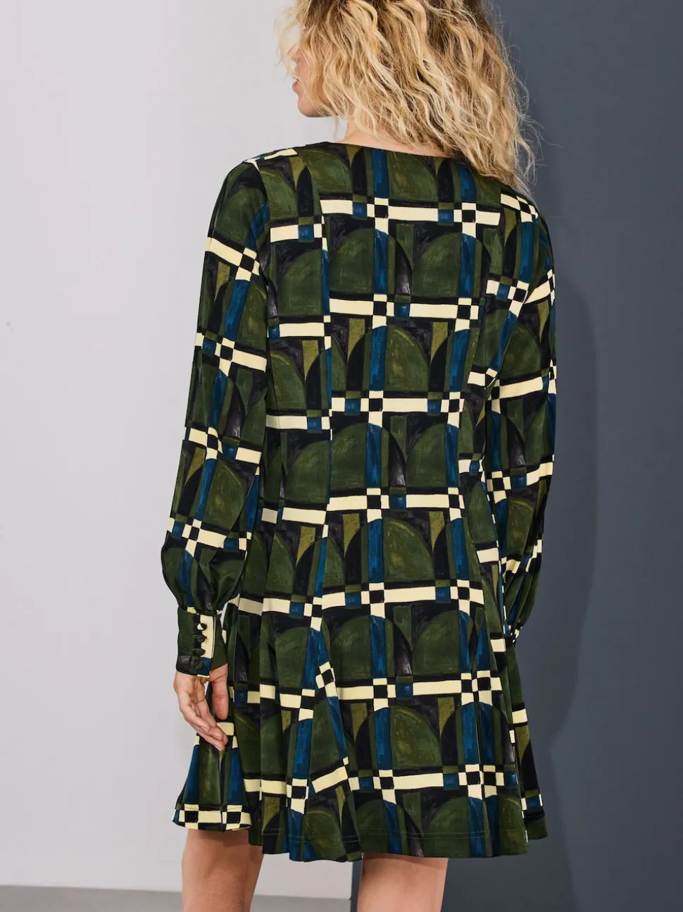 Green Geo Print Long Sleeve A-Line Mini Dress