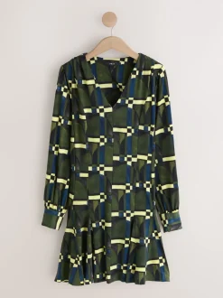 Green Geo Print Long Sleeve A-Line Mini Dress