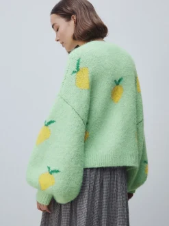 Green Lemon Pattern Knitted Cardigan
