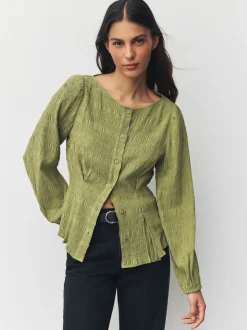Green Long Sleeve Boatneck Textured Button-Front Blouse