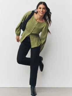 Green Long Sleeve Boatneck Textured Button-Front Blouse