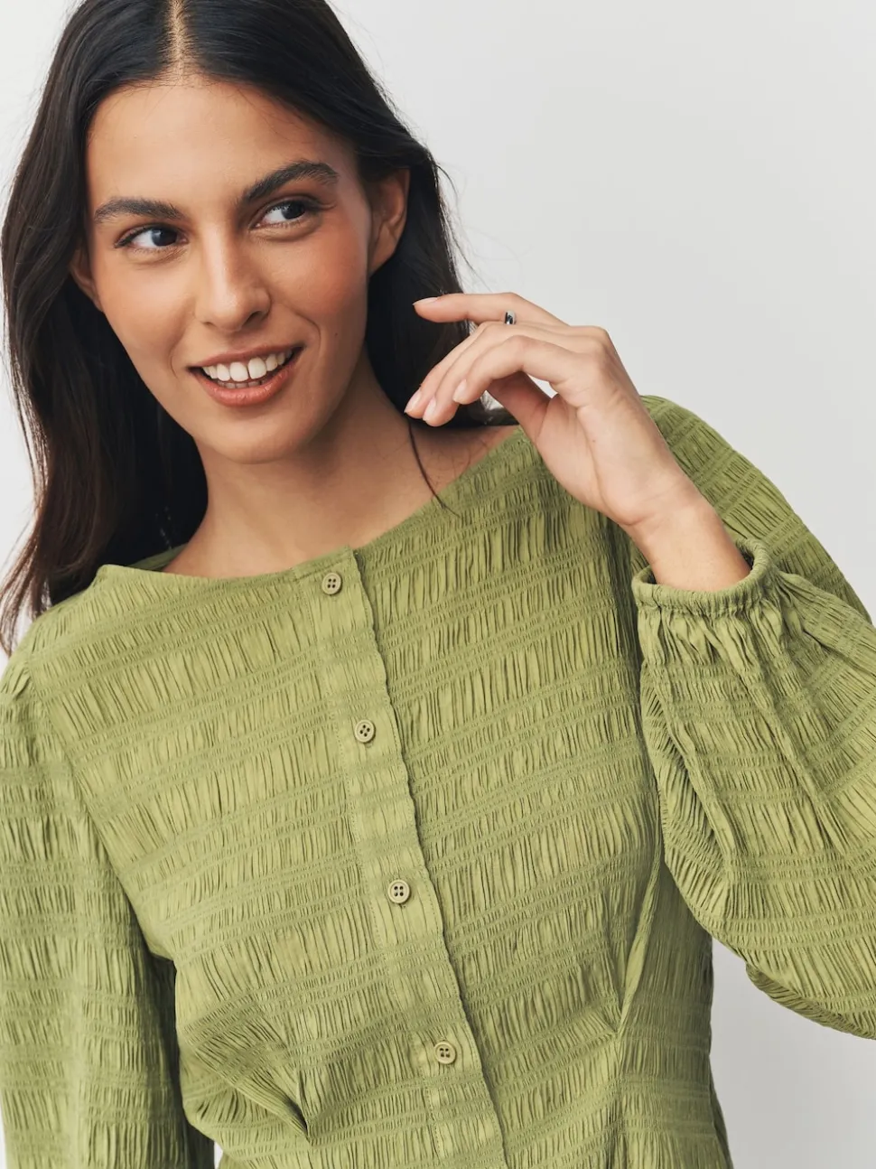 Green Long Sleeve Boatneck Textured Button-Front Blouse