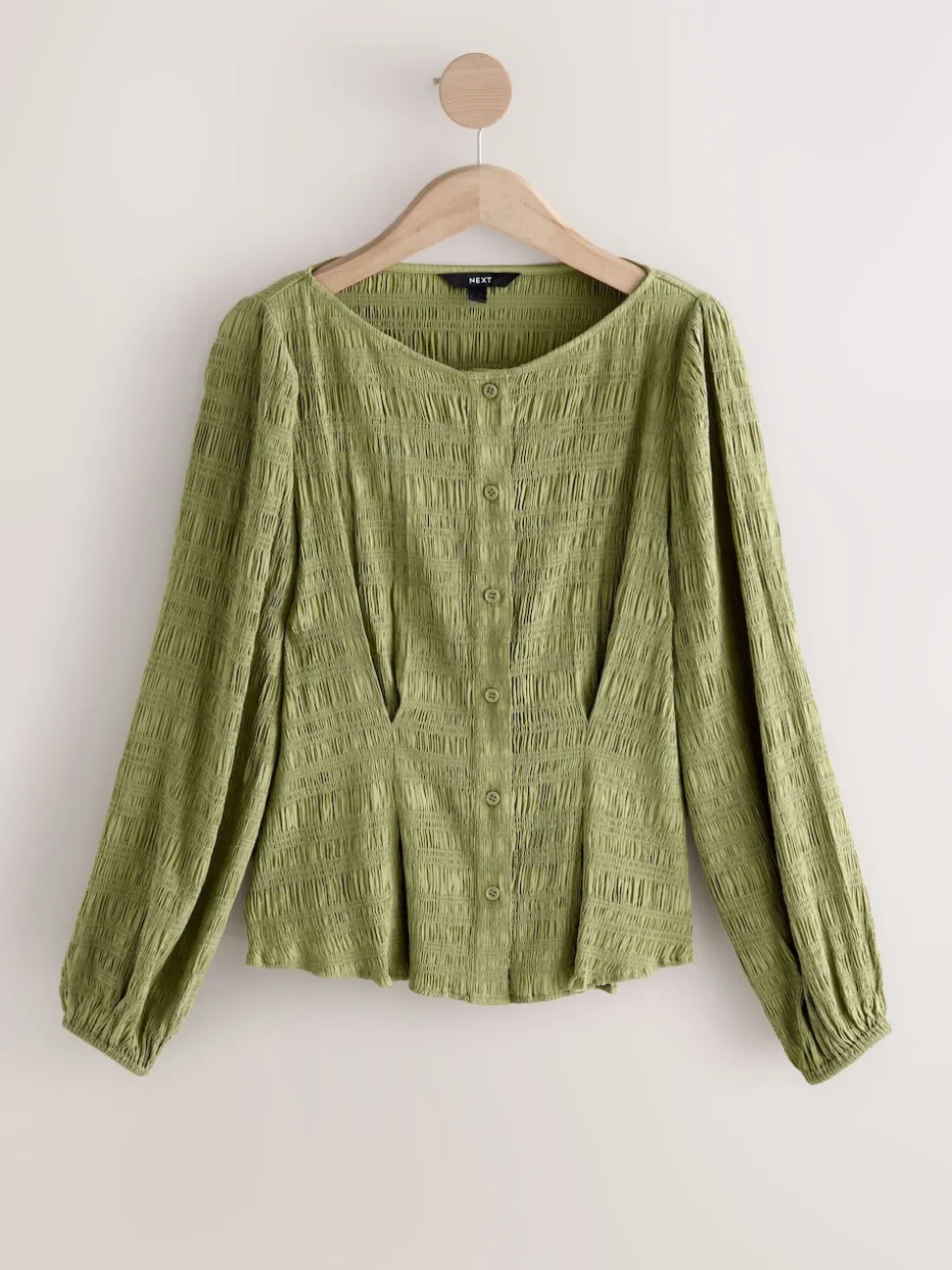 Green Long Sleeve Boatneck Textured Button-Front Blouse