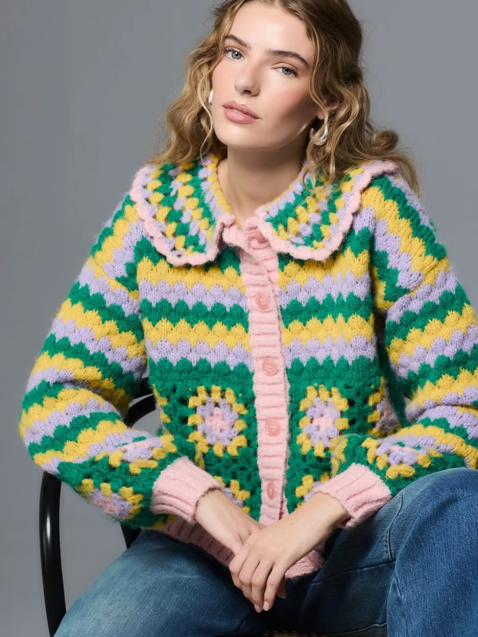 Green Multi Patch Hand Crochet Collar Cardigan