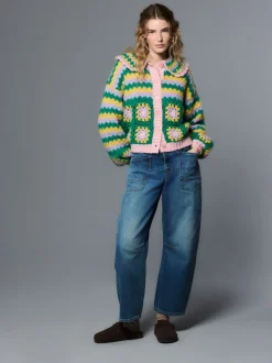 Green Multi Patch Hand Crochet Collar Cardigan