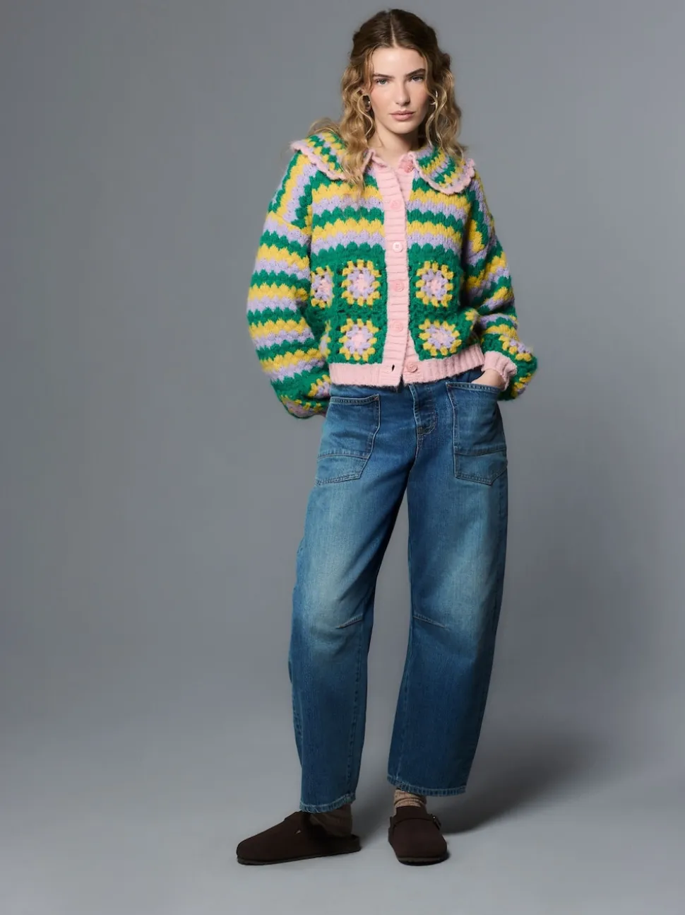Green Multi Patch Hand Crochet Collar Cardigan