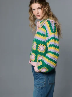 Green Multi Patch Hand Crochet Collar Cardigan