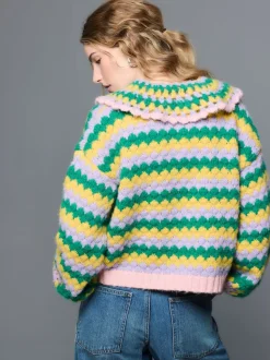 Green Multi Patch Hand Crochet Collar Cardigan