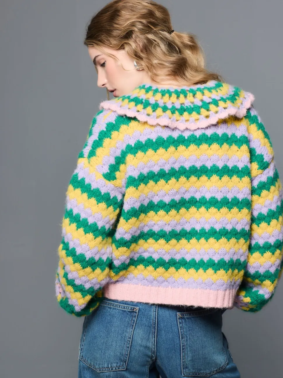 Green Multi Patch Hand Crochet Collar Cardigan
