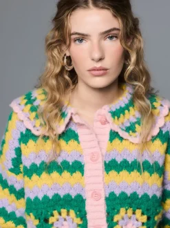 Green Multi Patch Hand Crochet Collar Cardigan