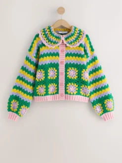 Green Multi Patch Hand Crochet Collar Cardigan