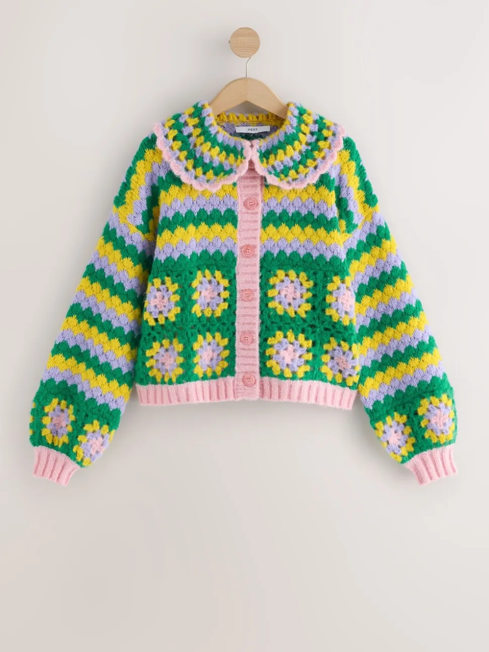 Green Multi Patch Hand Crochet Collar Cardigan