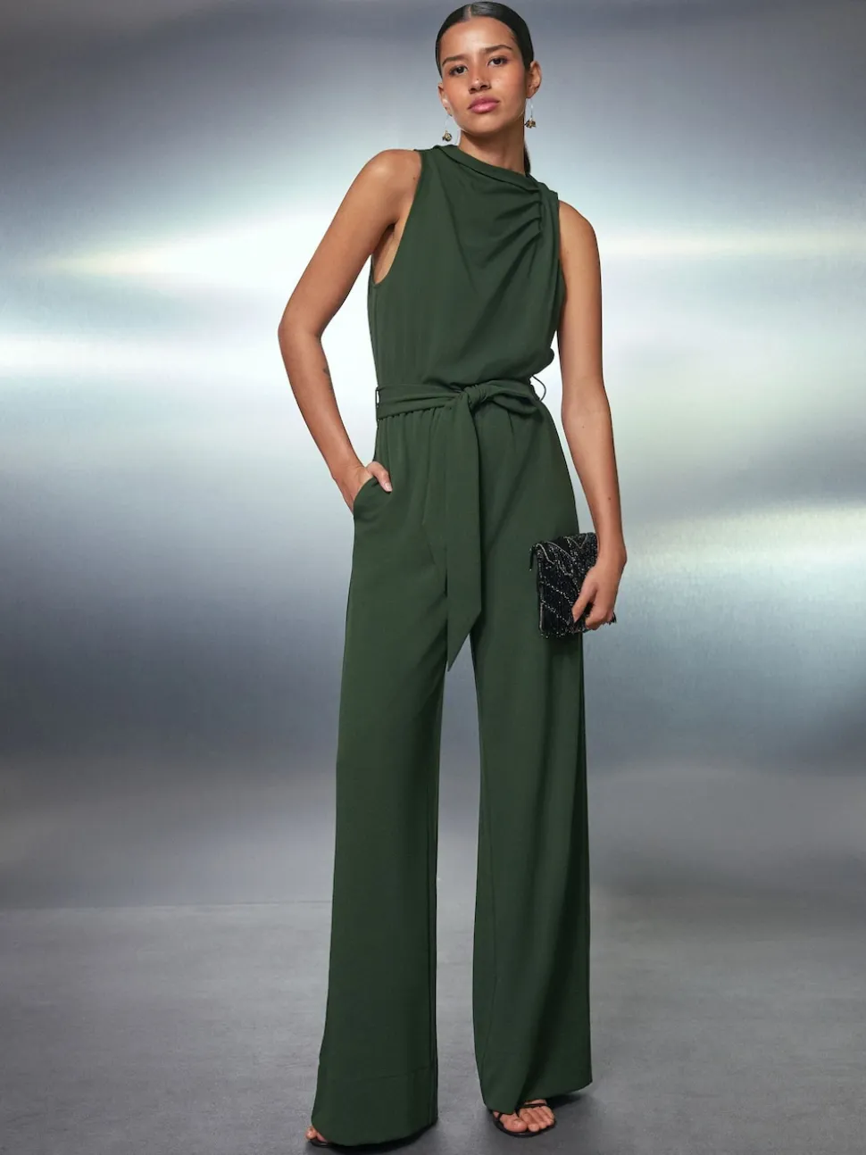 Green Occasion Cowl Neck Sleeveless Jersey Jumpsuit