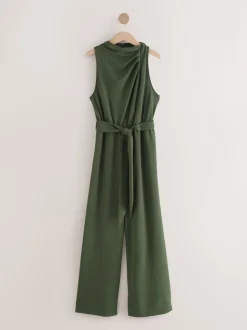 Green Occasion Cowl Neck Sleeveless Jersey Jumpsuit