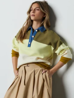 Green Stripe Denim Collar Cosy Soft Touch Long Sleeve Polo Neck Jumper Top