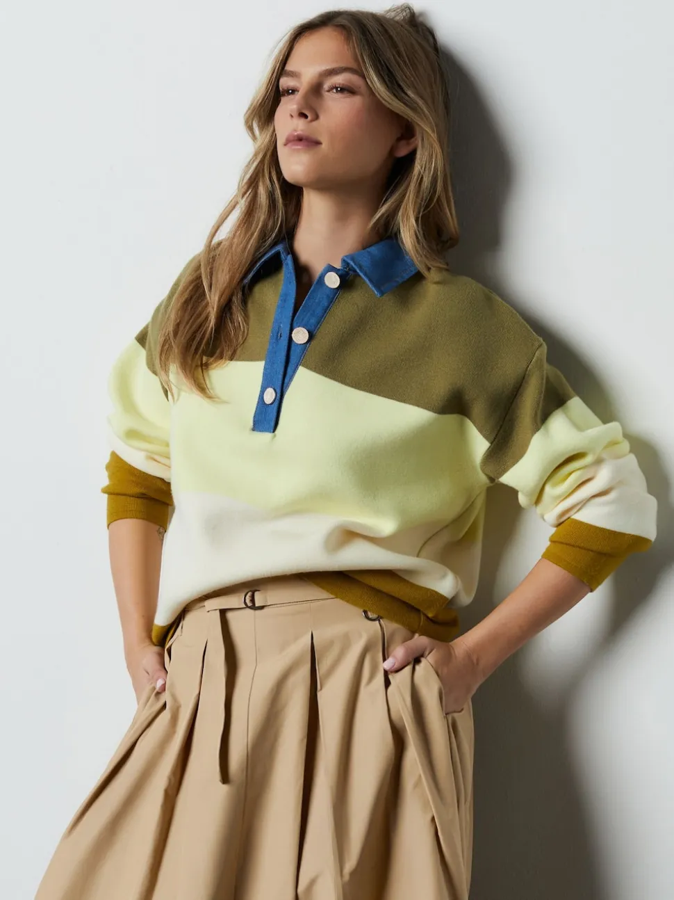 Green Stripe Denim Collar Cosy Soft Touch Long Sleeve Polo Neck Jumper Top