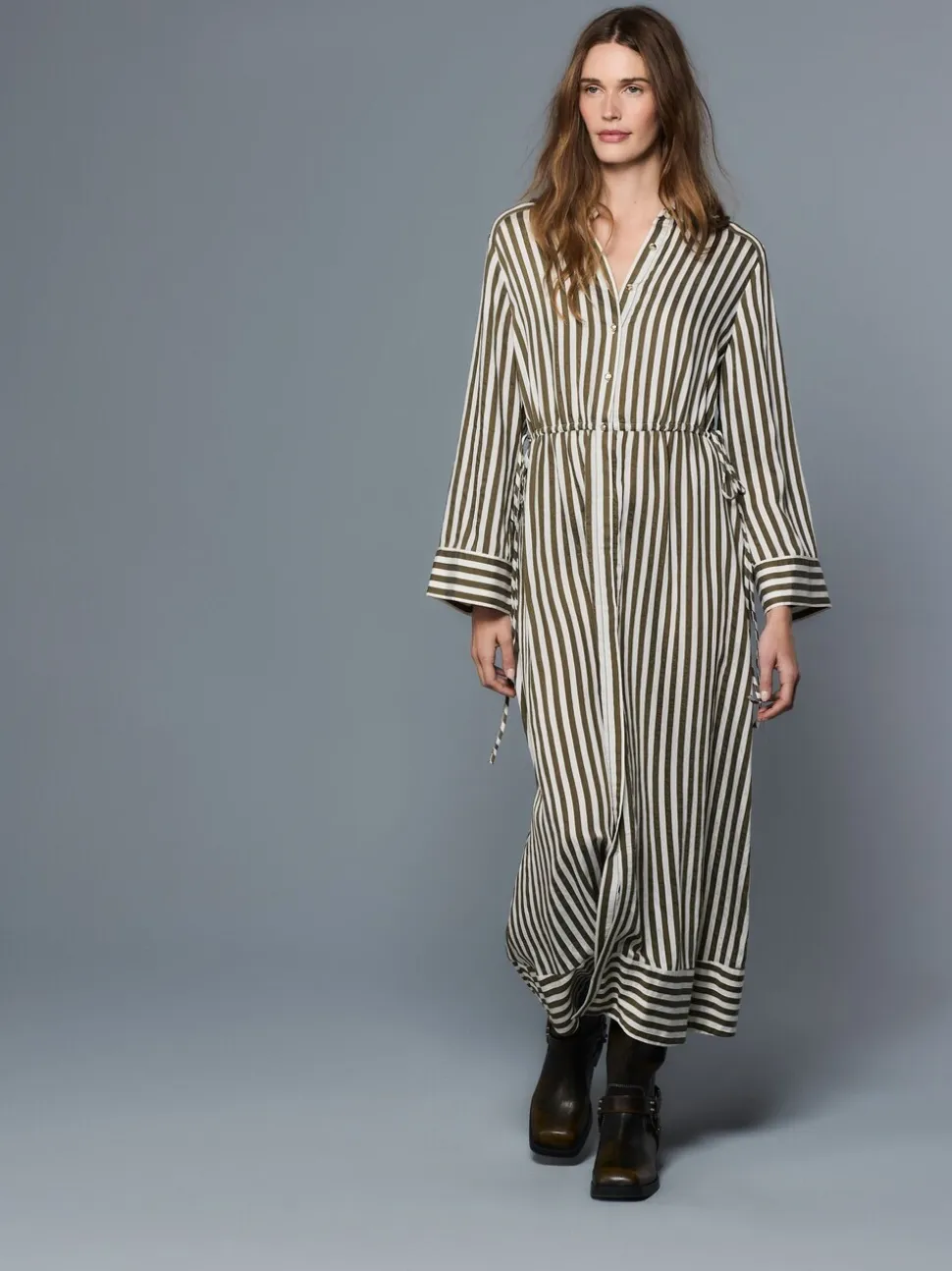 Green Stripe Tie Waist Long Sleeve Midi Shirt Dress