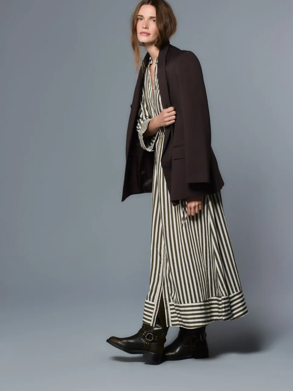 Green Stripe Tie Waist Long Sleeve Midi Shirt Dress