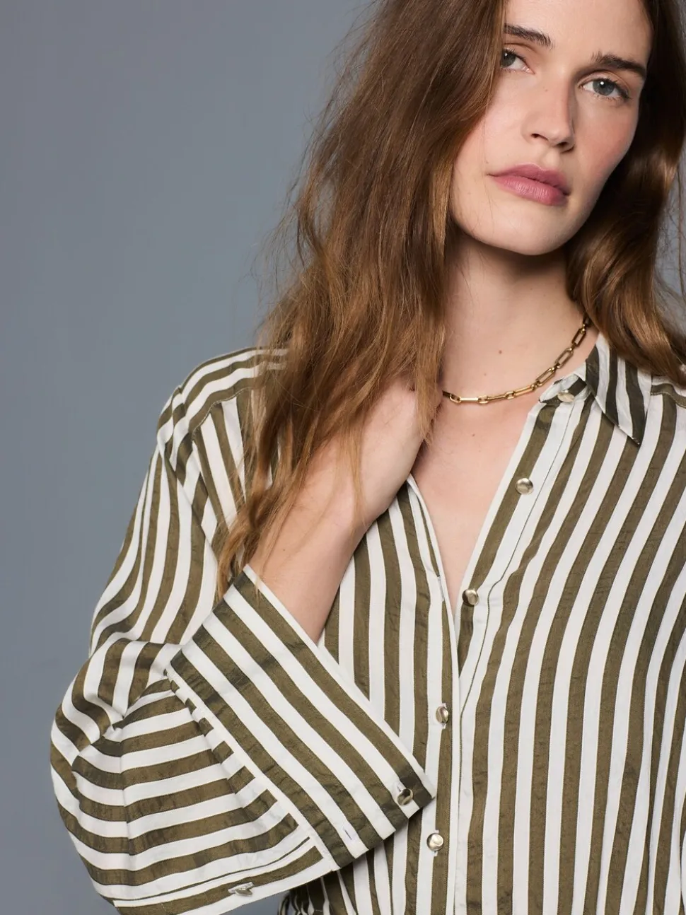 Green Stripe Tie Waist Long Sleeve Midi Shirt Dress