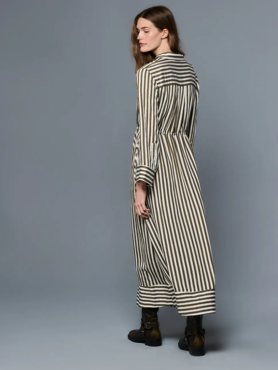 Green Stripe Tie Waist Long Sleeve Midi Shirt Dress