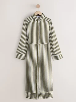 Green Stripe Tie Waist Long Sleeve Midi Shirt Dress