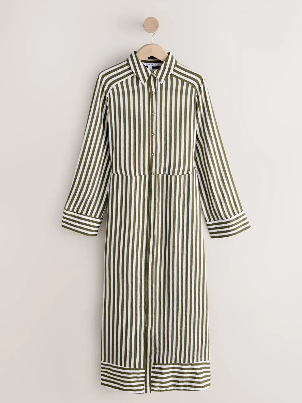 Green Stripe Tie Waist Long Sleeve Midi Shirt Dress