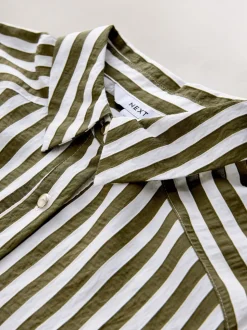 Green Stripe Tie Waist Long Sleeve Midi Shirt Dress