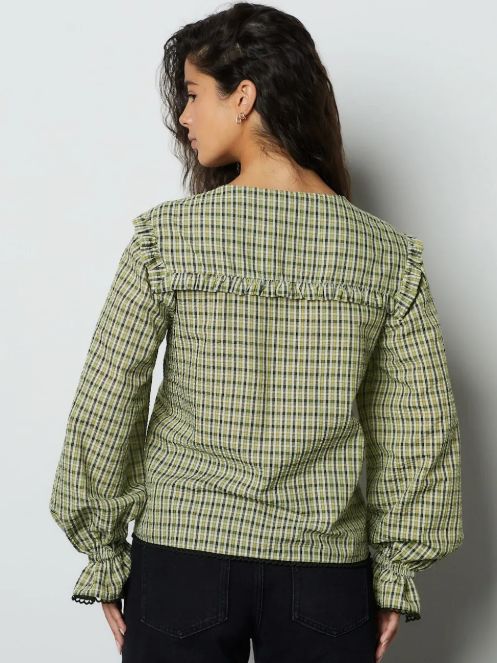 Green/Black Check Oversized Collar Long Sleeve Blouse