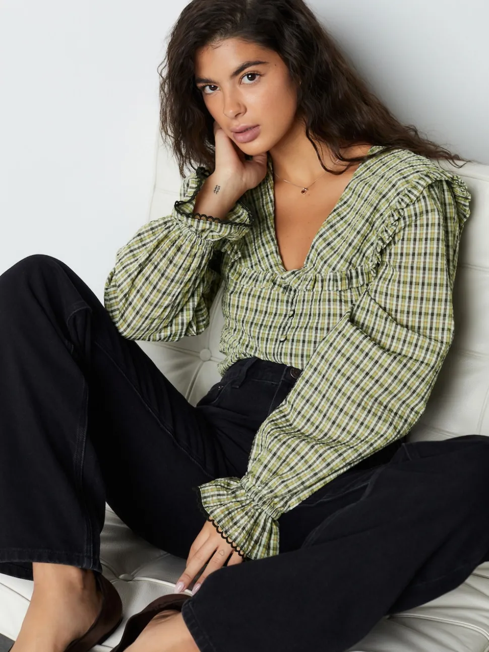 Green/Black Check Oversized Collar Long Sleeve Blouse
