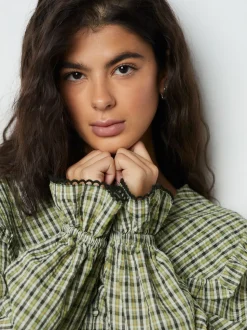 Green/Black Check Oversized Collar Long Sleeve Blouse